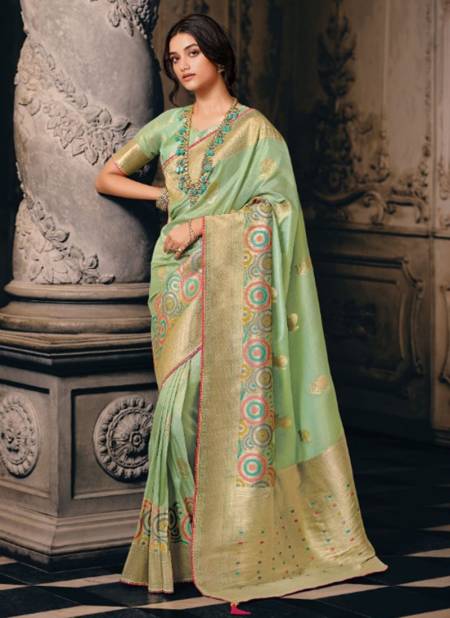 Light Green Colour Tantra Pankh New Heavy Meena Tissue Festive Wear Saree Collection 2703